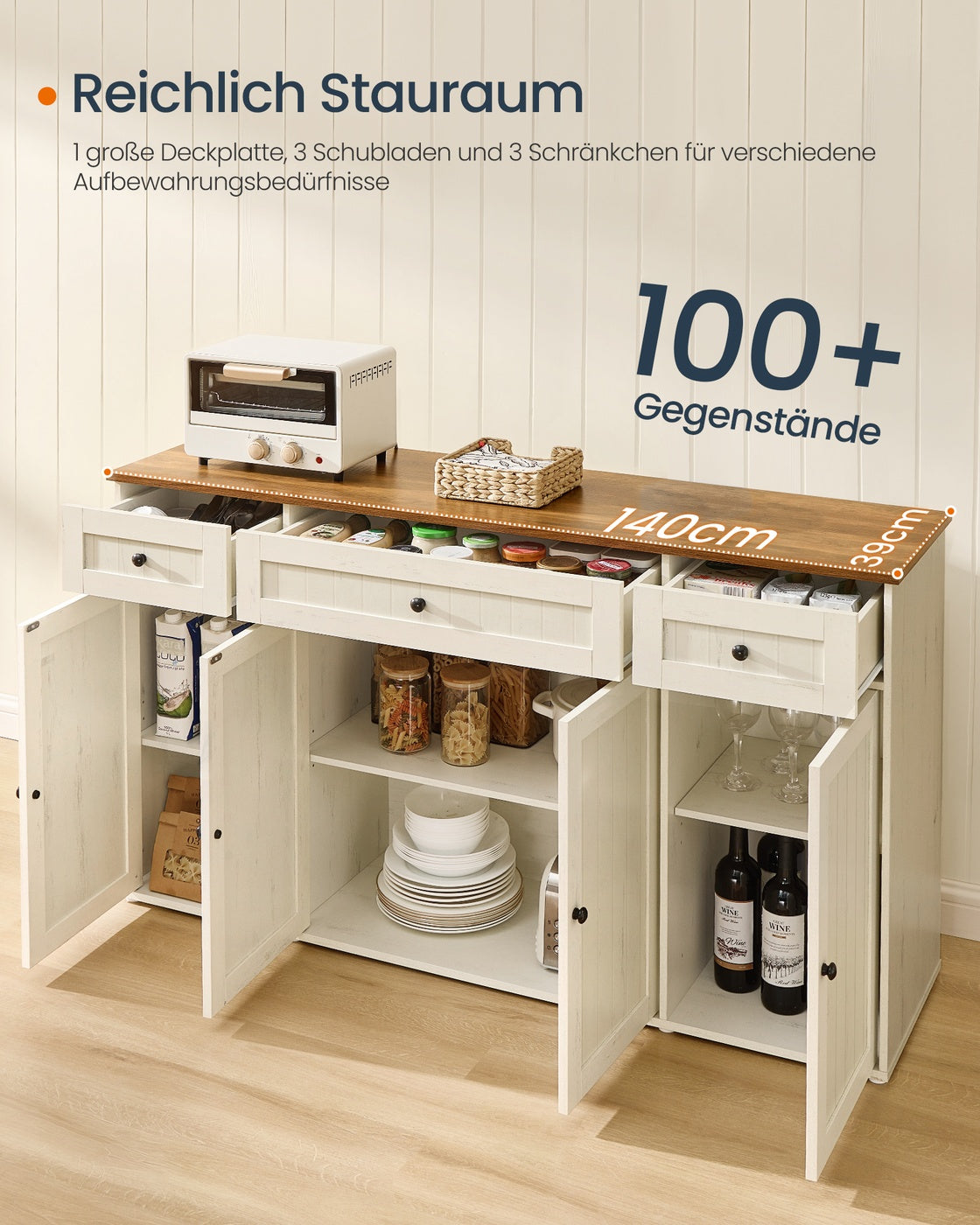 Sideboard – Küchenschrank mit Arbeitsplatte und verstellbaren Einlegeböden – Weiß und Honigbraun – Montage ohne Werkzeug