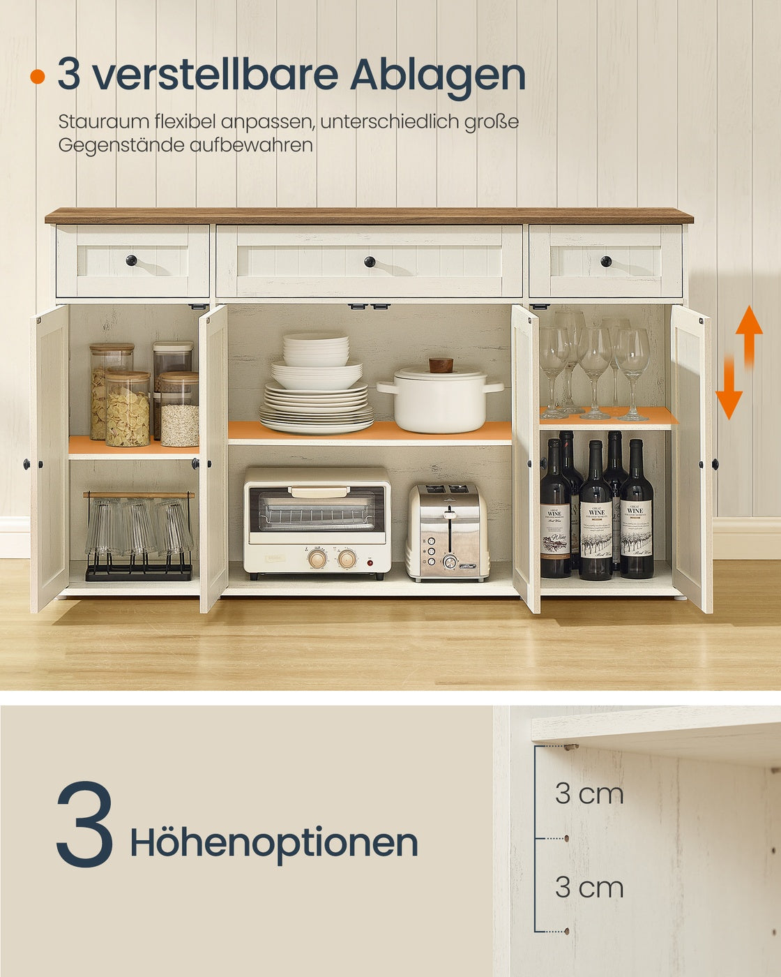Sideboard – Küchenschrank mit Arbeitsplatte und verstellbaren Einlegeböden – Weiß und Honigbraun – Montage ohne Werkzeug