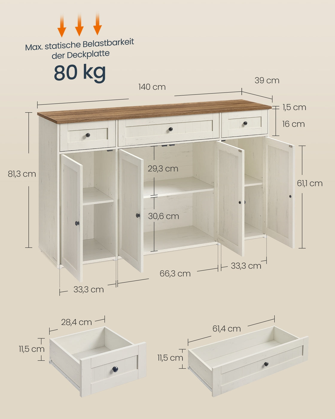Sideboard – Küchenschrank mit Arbeitsplatte und verstellbaren Einlegeböden – Weiß und Honigbraun – Montage ohne Werkzeug