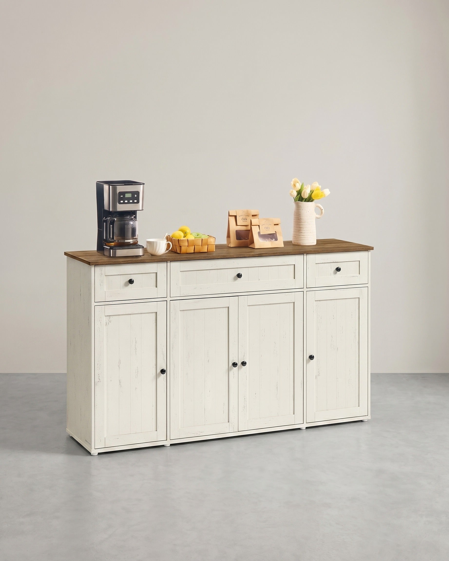 Sideboard – Küchenschrank mit Arbeitsplatte und verstellbaren Einlegeböden – Weiß und Honigbraun – Montage ohne Werkzeug