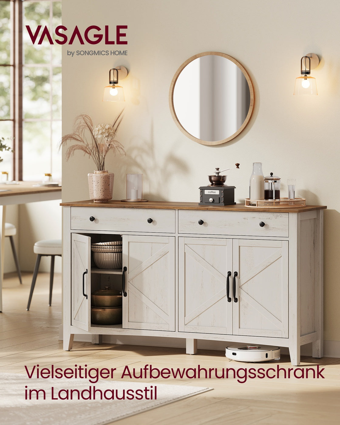 Sideboard mit Türen und Schublade - Landhausstil - Küchenschrank mit verstellbaren Regalen