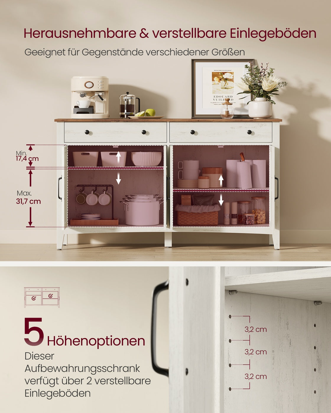 Sideboard mit Türen und Schublade - Landhausstil - Küchenschrank mit verstellbaren Regalen