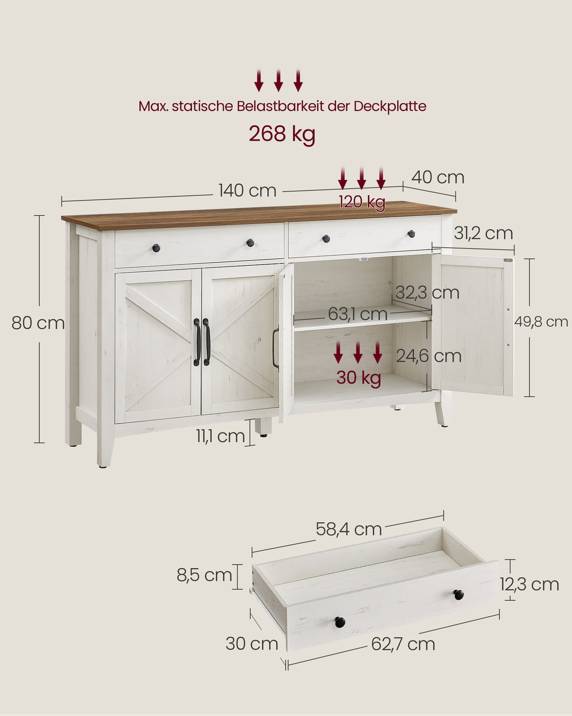 Sideboard mit Türen und Schublade - Landhausstil - Küchenschrank mit verstellbaren Regalen