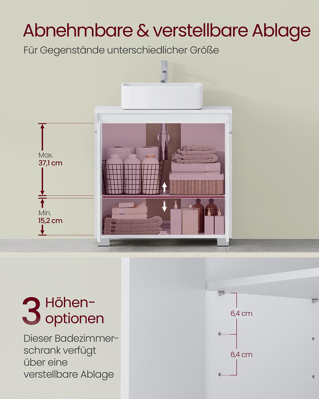 Badezimmerschrank für Waschbecken – Waschtischmöbel ohne Säule – Weiß – 60 cm
