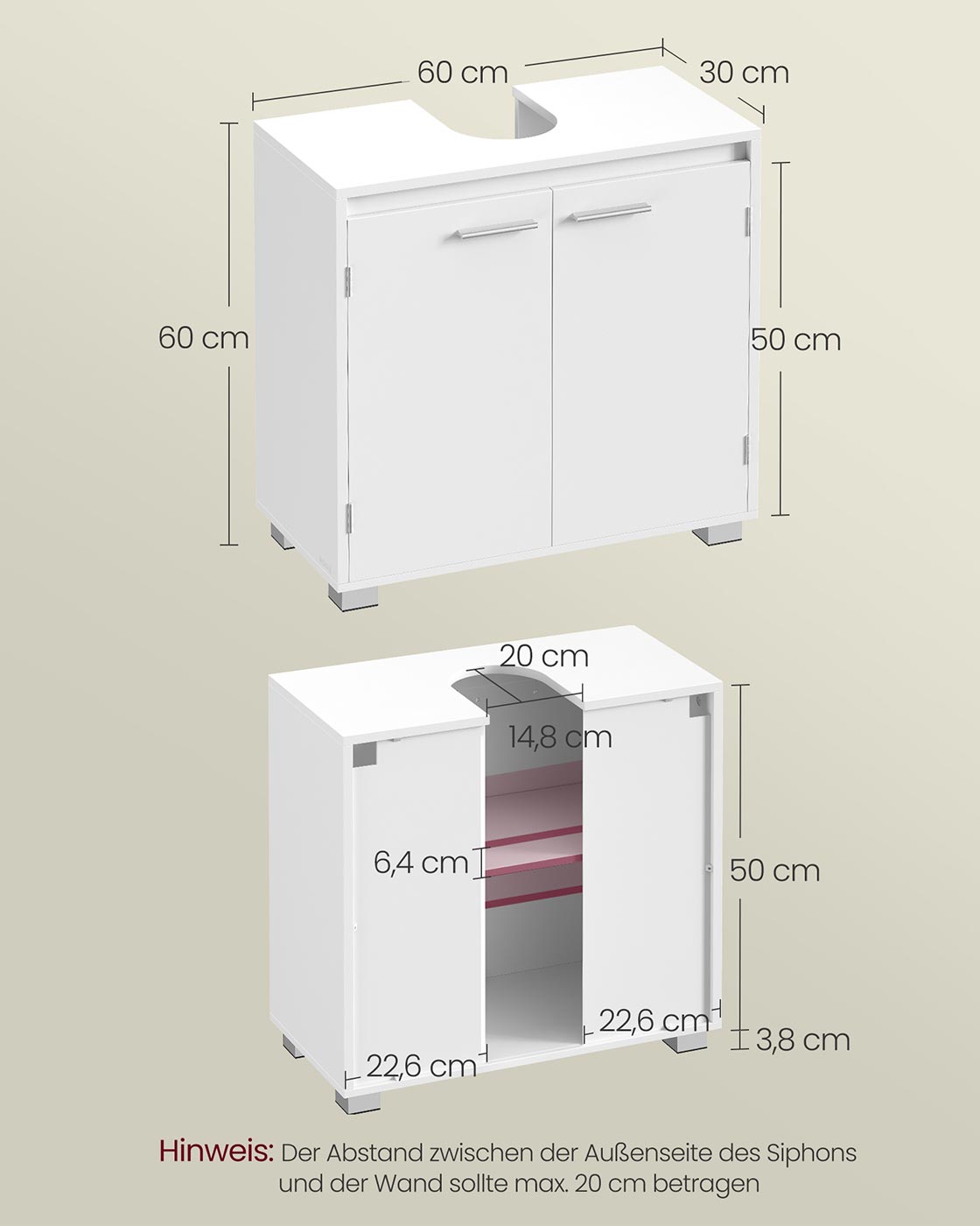 Badezimmerschrank für Waschbecken – Waschtischmöbel ohne Säule – Weiß – 60 cm