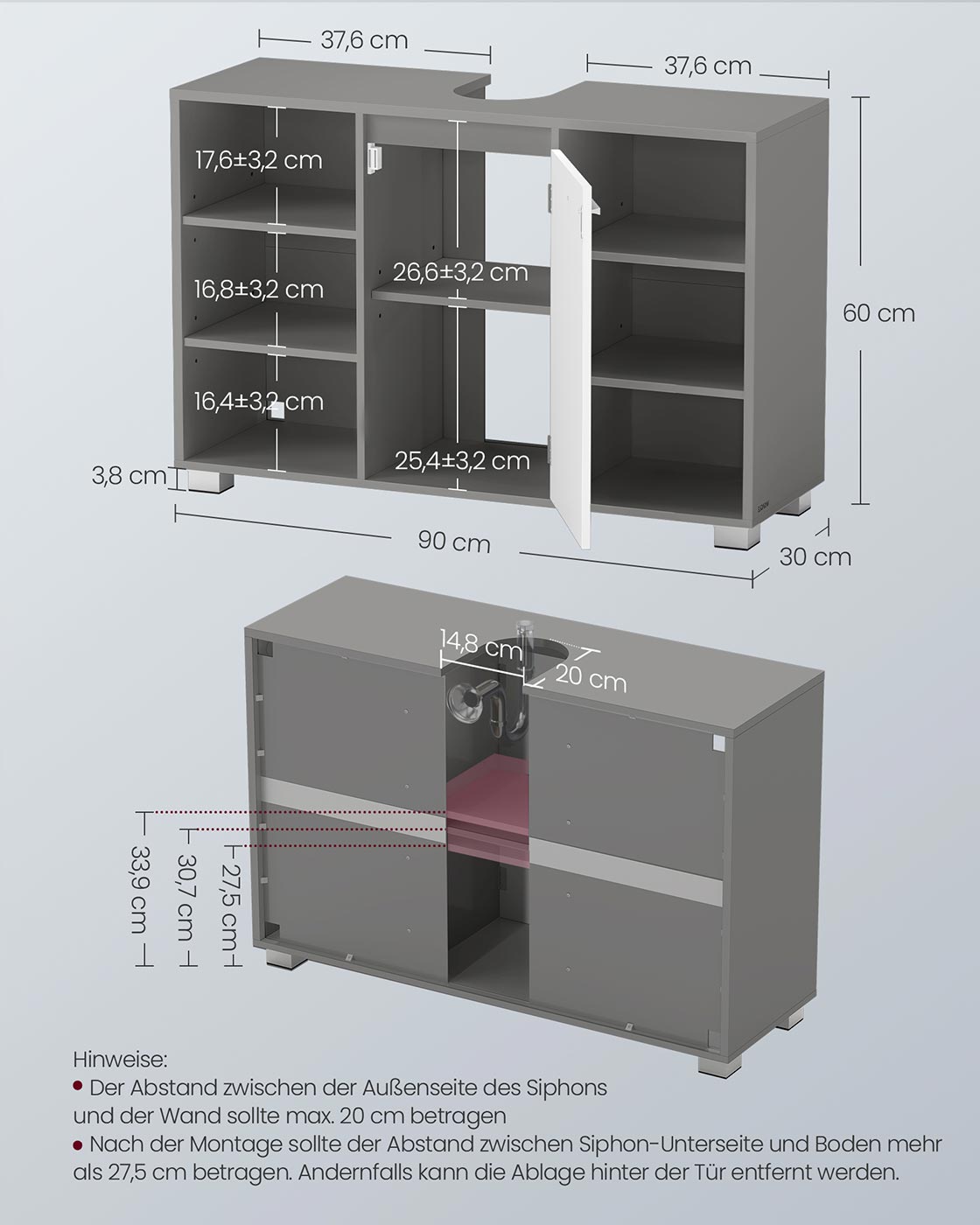 Waschtischunterschrank – Grau/Weiß – 6 offene Fächer & 2 Türfächer – Verstellbare Regale