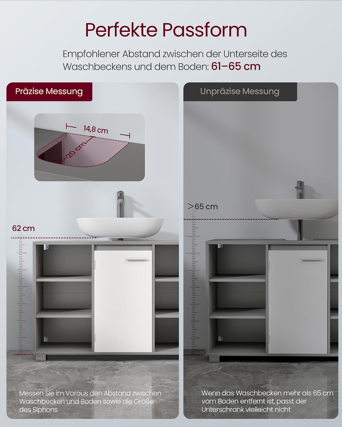 Waschtischunterschrank – Grau/Weiß – 6 offene Fächer & 2 Türfächer – Verstellbare Regale