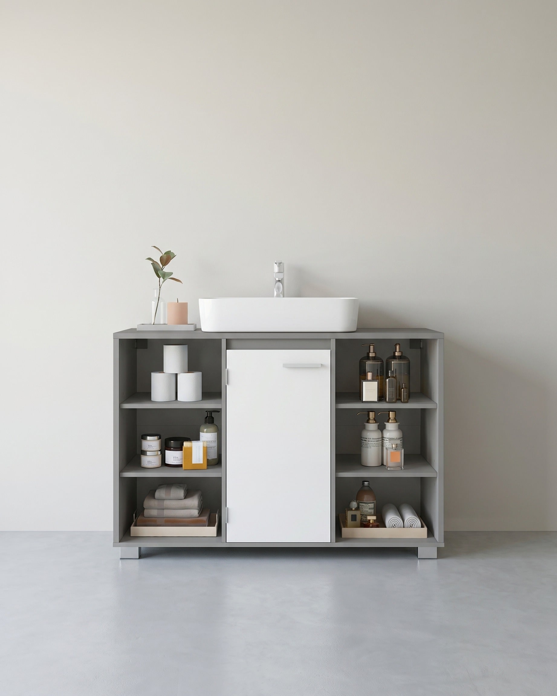 Waschtischunterschrank – Grau/Weiß – 6 offene Fächer & 2 Türfächer – Verstellbare Regale – Grau