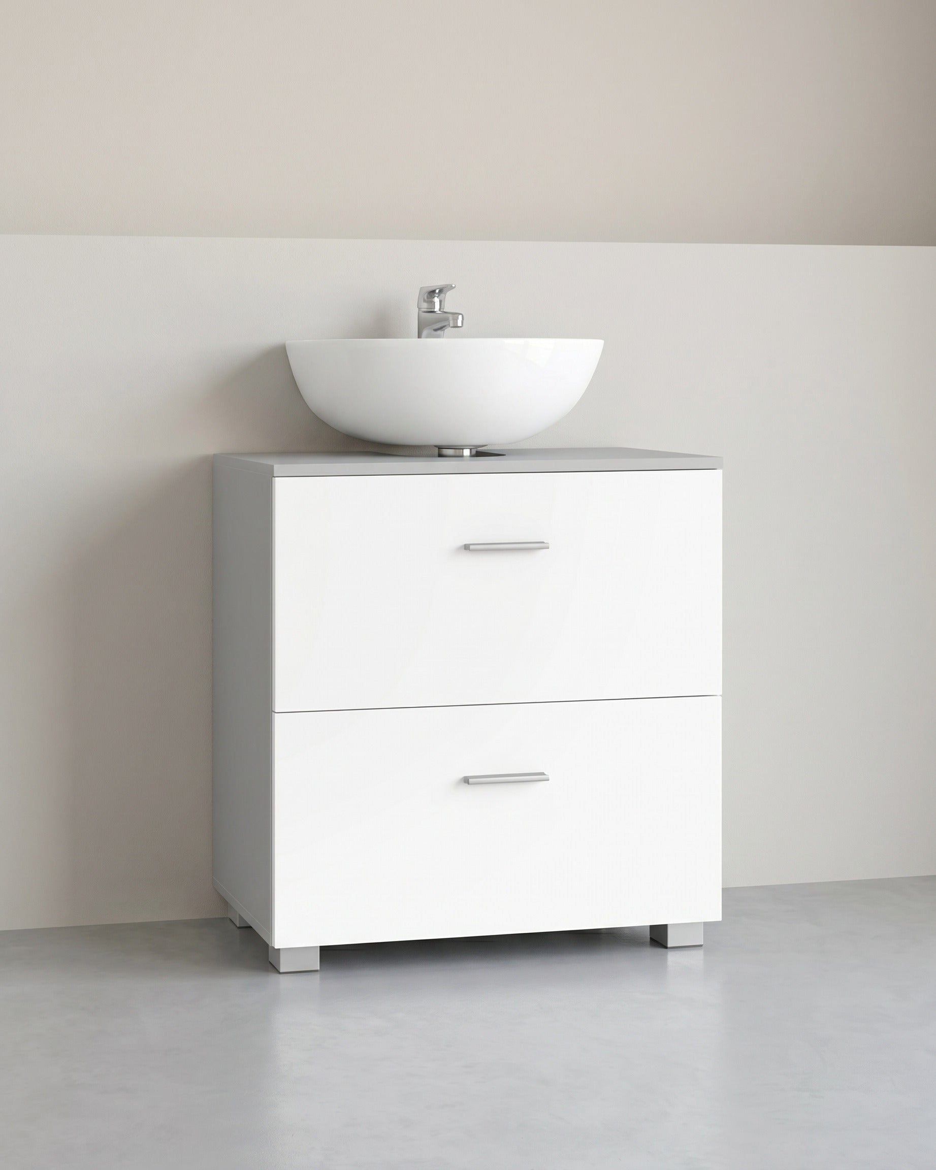 Waschtischunterschrank 60 cm, weiß – Badezimmermöbel mit 2 Schubladen und hohen Füßen – 30 x 60 x 63,8 cm – Grau / Weiß