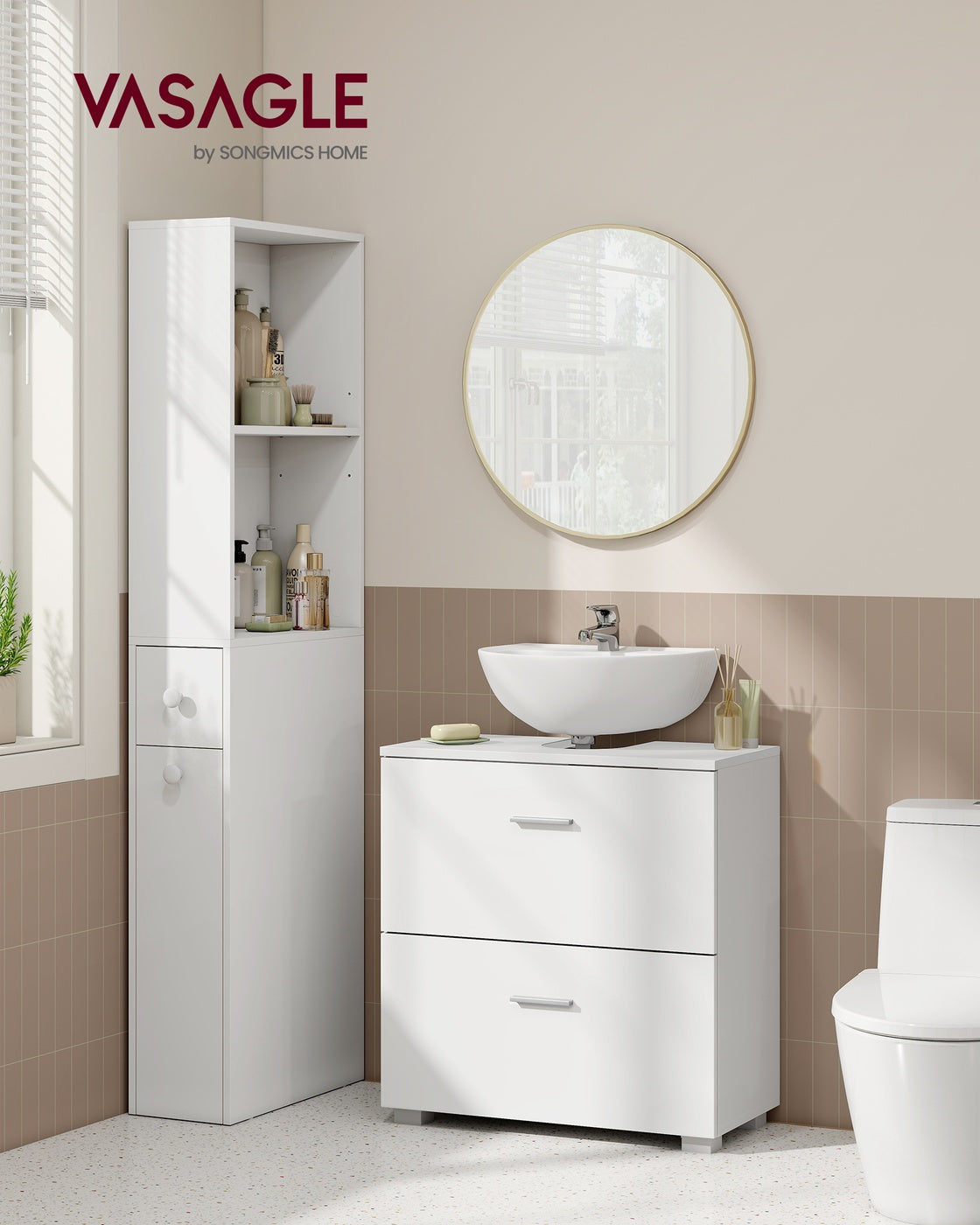 Waschtischunterschrank 60 cm, weiß – Badezimmermöbel mit 2 Schubladen und hohen Füßen – 30 x 60 x 63,8 cm