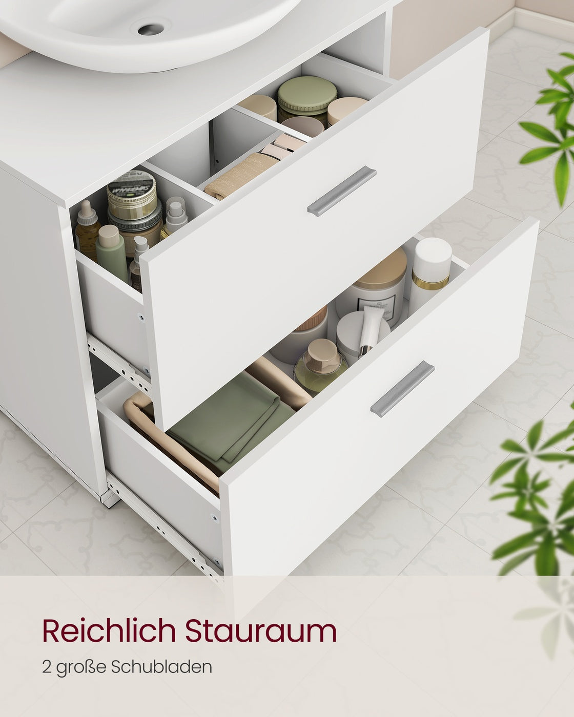 Waschtischunterschrank 60 cm, weiß – Badezimmermöbel mit 2 Schubladen und hohen Füßen – 30 x 60 x 63,8 cm