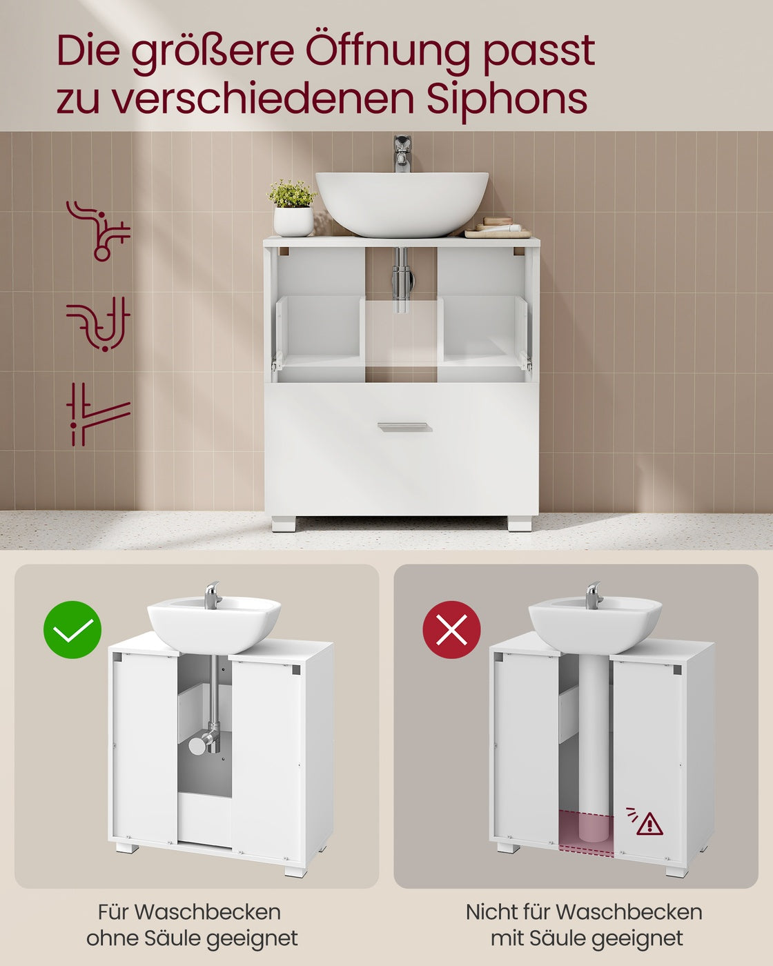 Waschtischunterschrank 60 cm, weiß – Badezimmermöbel mit 2 Schubladen und hohen Füßen – 30 x 60 x 63,8 cm