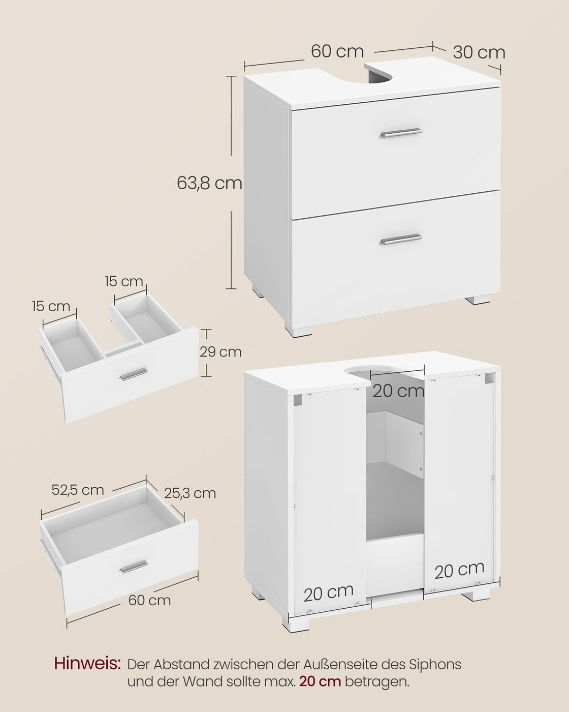 Waschtischunterschrank 60 cm, weiß – Badezimmermöbel mit 2 Schubladen und hohen Füßen – 30 x 60 x 63,8 cm