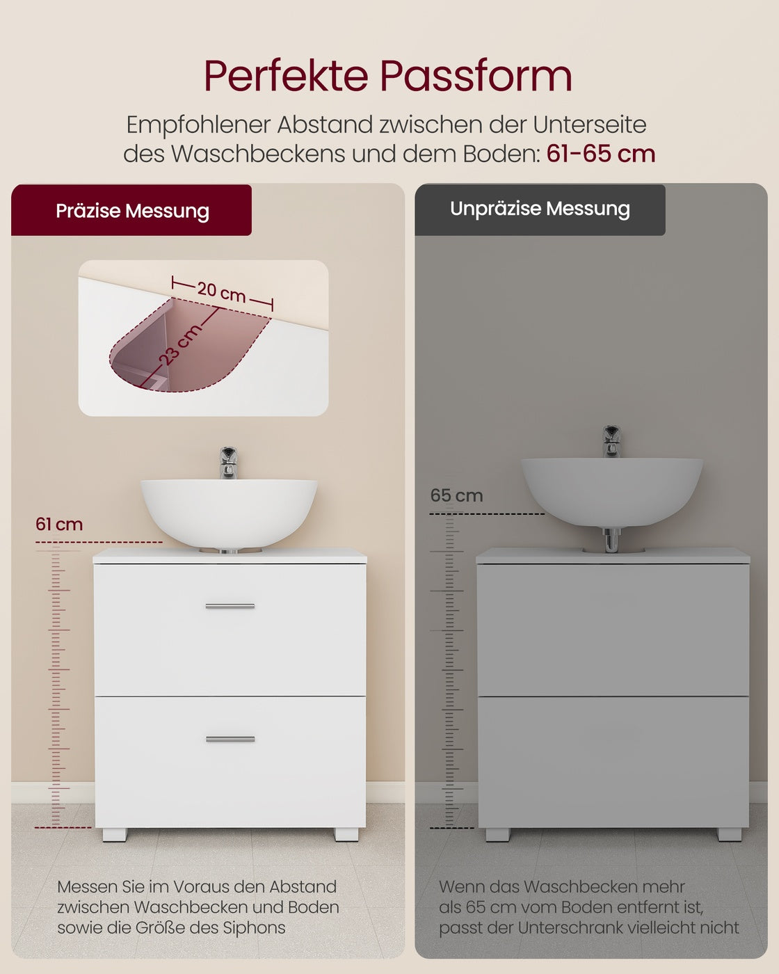 Waschtischunterschrank 60 cm, weiß – Badezimmermöbel mit 2 Schubladen und hohen Füßen – 30 x 60 x 63,8 cm