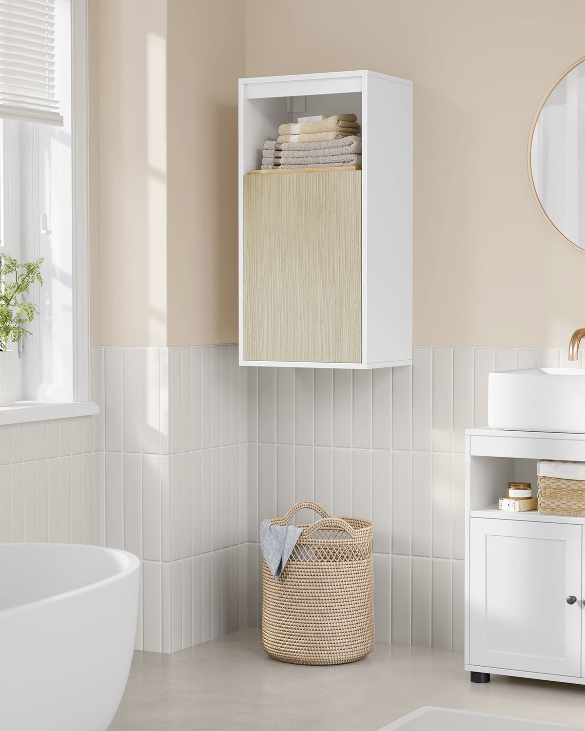 Badezimmer-Wandschrank – Weiß & Naturbeige – 30 x 40 x 80 cm