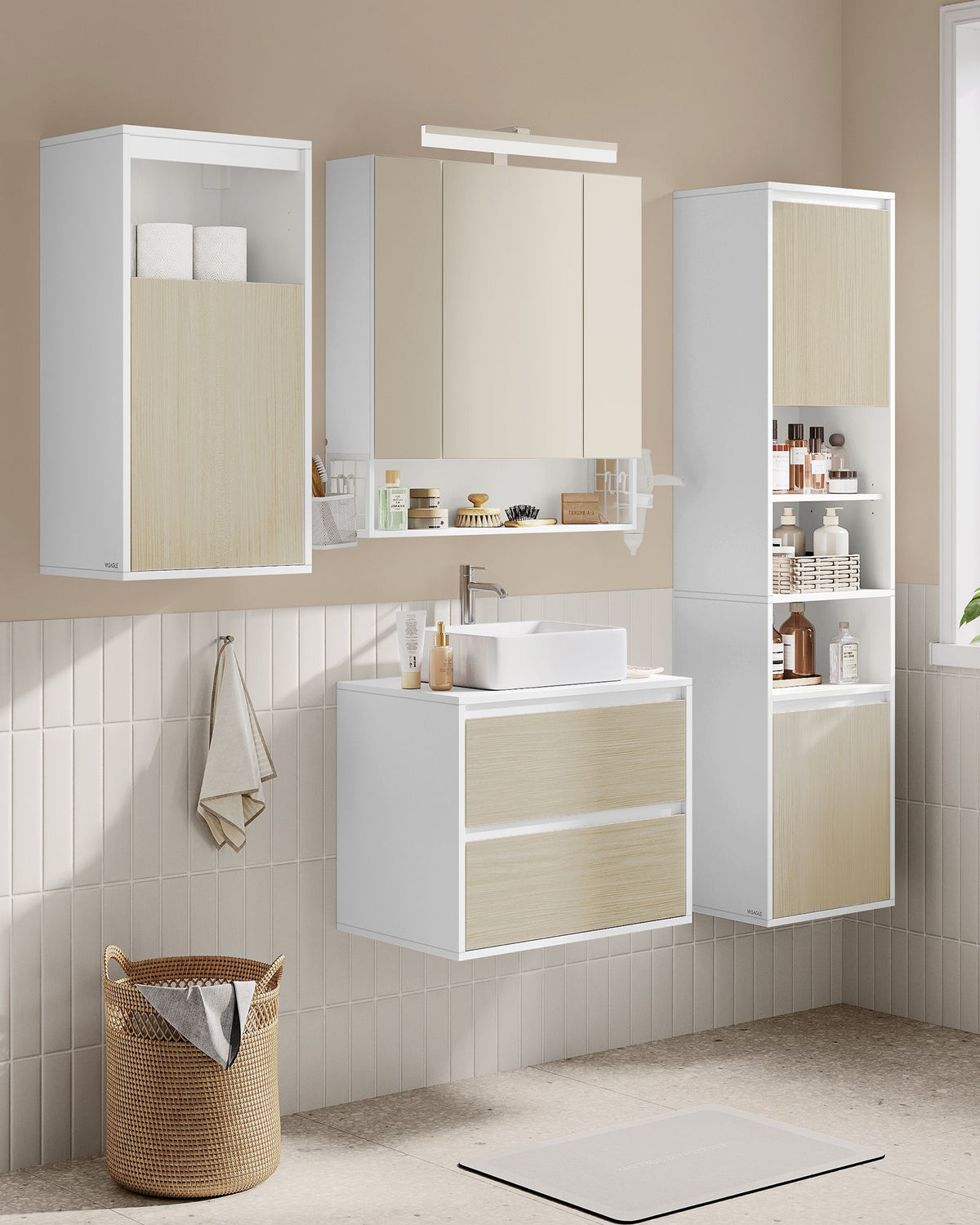 Badezimmer-Wandschrank – Weiß & Naturbeige – 30 x 40 x 80 cm