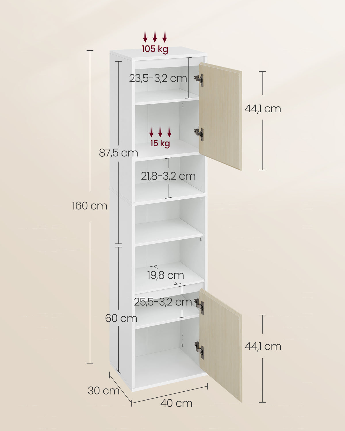 Hängender Badezimmerschrank – Weiß & Naturbeige – 30 x 40 x 160 cm