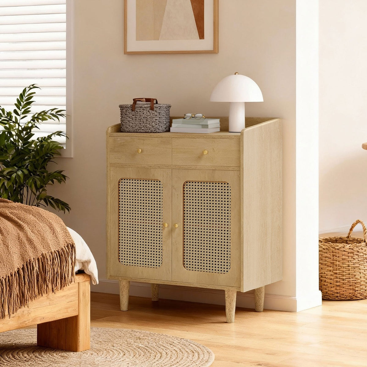 Sideboard – Stilvoller Aufbewahrungsschrank mit Rattan- und Massivholzbeinen