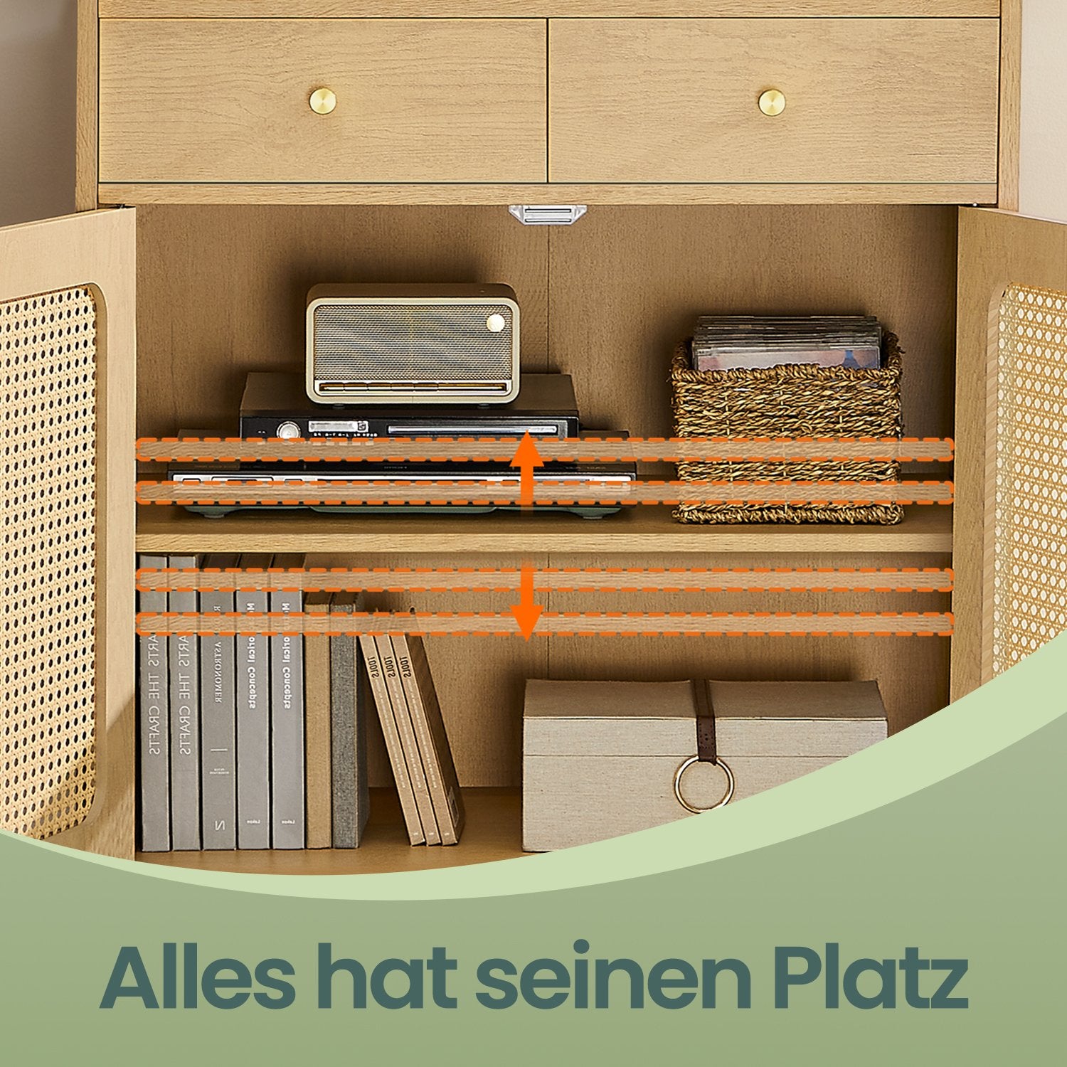 Sideboard – Stilvoller Aufbewahrungsschrank mit Rattan- und Massivholzbeinen