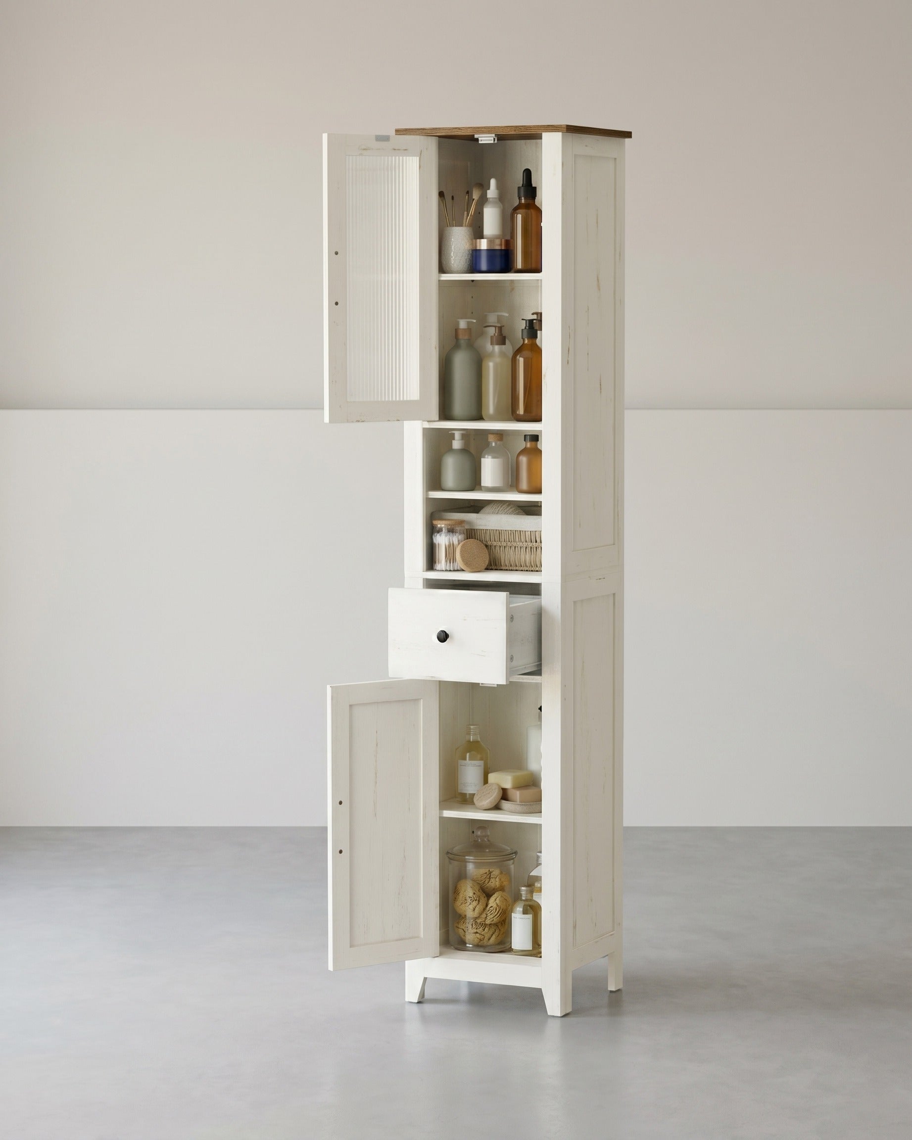Badezimmerschrank Im Landhausstil - Schmaler Badschrank Mit Schublade Und Böden - Für Badezimmer