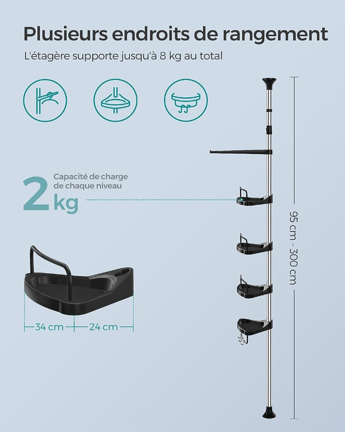 Verstellbares Duschregal aus Edelstahl mit 4 Ablagen, Haken und Handtuchhalter – rostfrei, wasserabweisend und robust – ausziehbar von 95 bis 300 cm