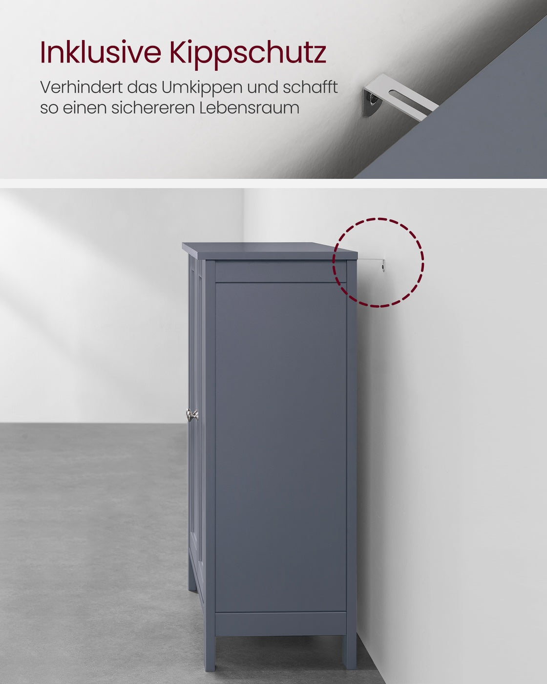 Freistehender Badezimmerschrank mit 2 Türen – Inklusive 2 verstellbaren Regalen – 80 cm hoch – Grau