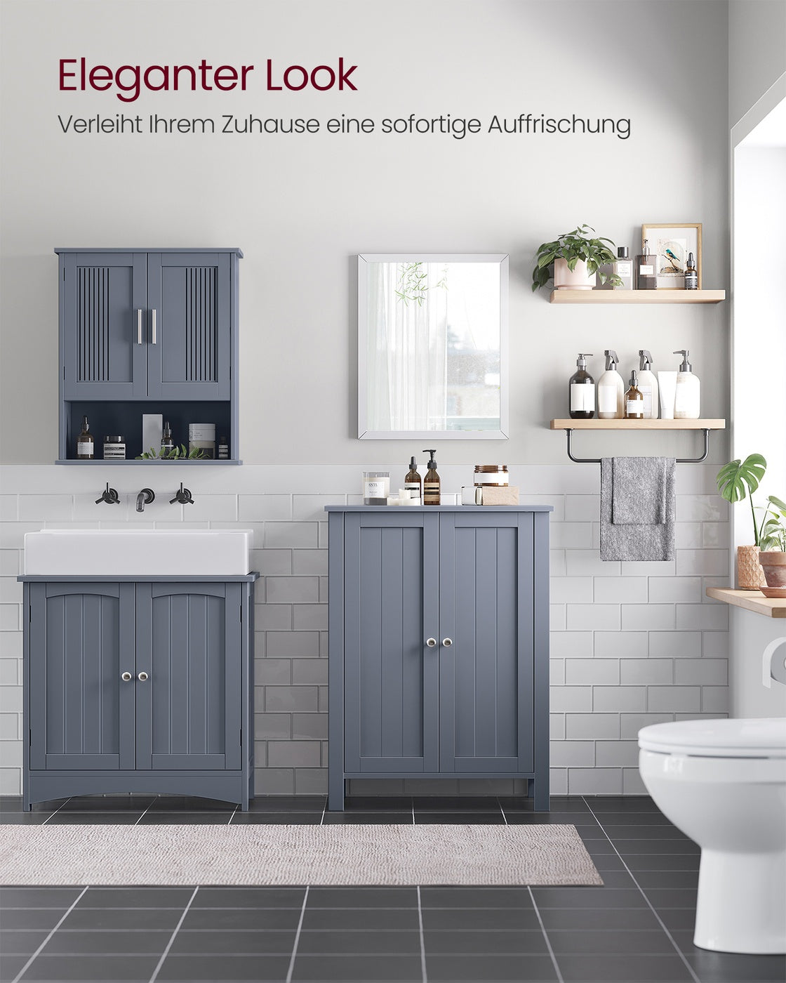 Freistehender Badezimmerschrank mit 2 Türen – Inklusive 2 verstellbaren Regalen – 80 cm hoch – Grau