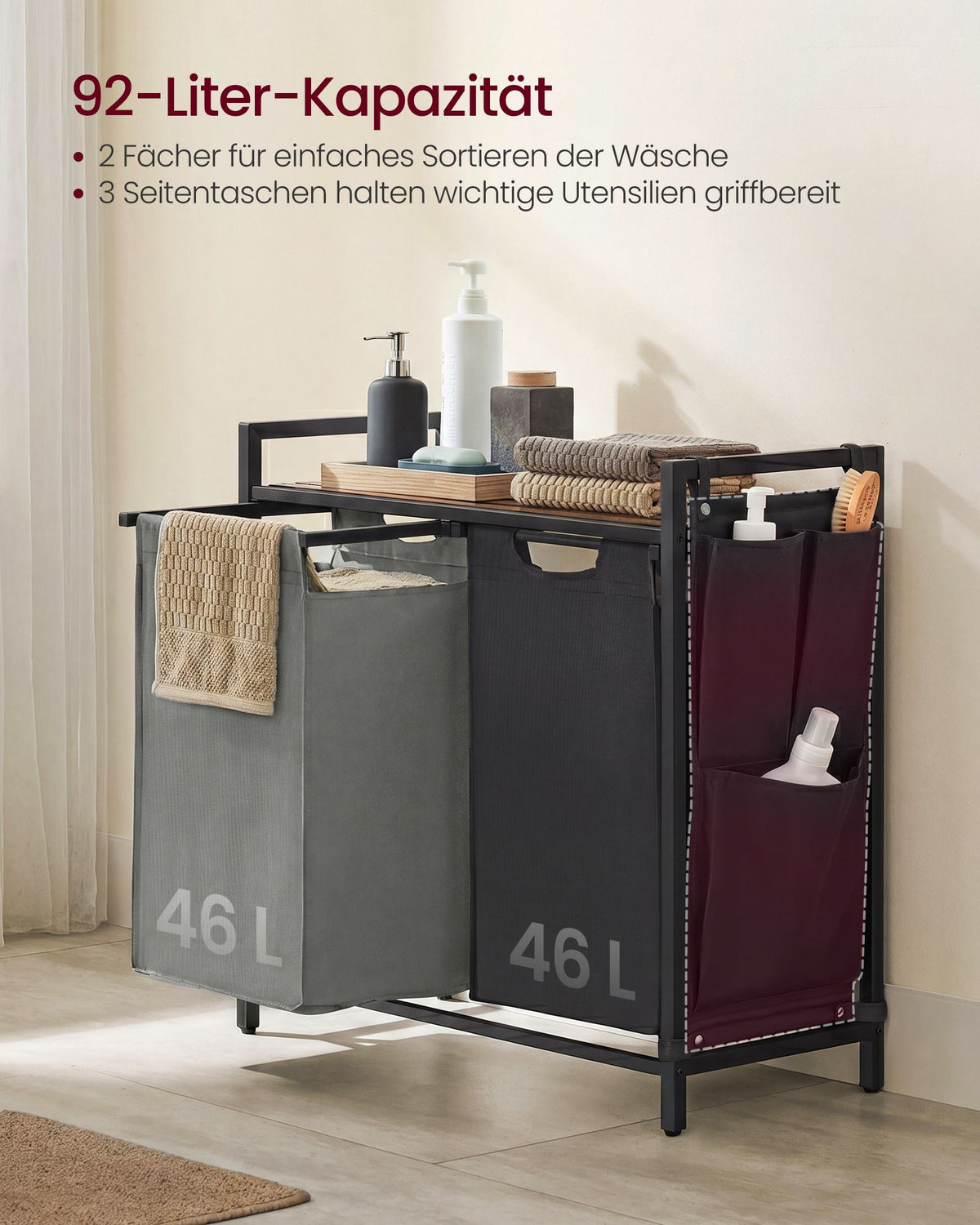 Wäschekorb - 2 x 46 Liter - Mit Ablage - 73 x 33 x 72 cm