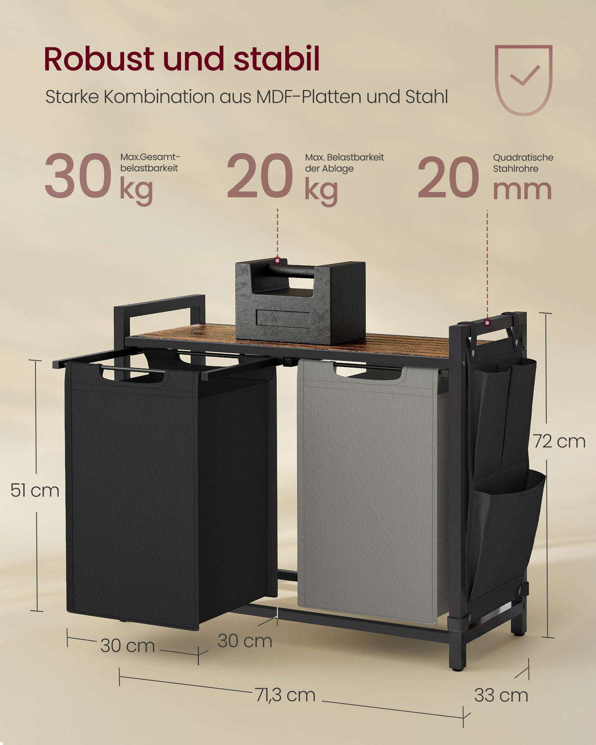 Wäschekorb - 2 x 46 Liter - Mit Ablage - 73 x 33 x 72 cm