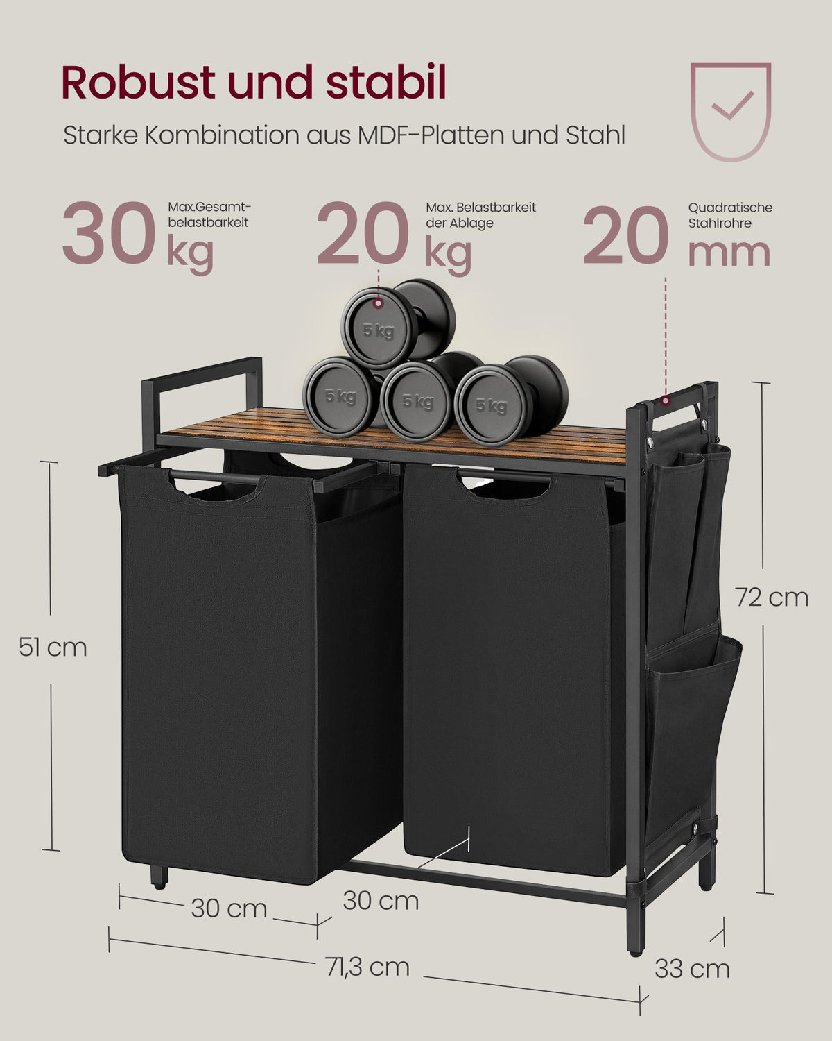 Wäschekorb - Korb mit Fächern - Herausnehmbare Beutel