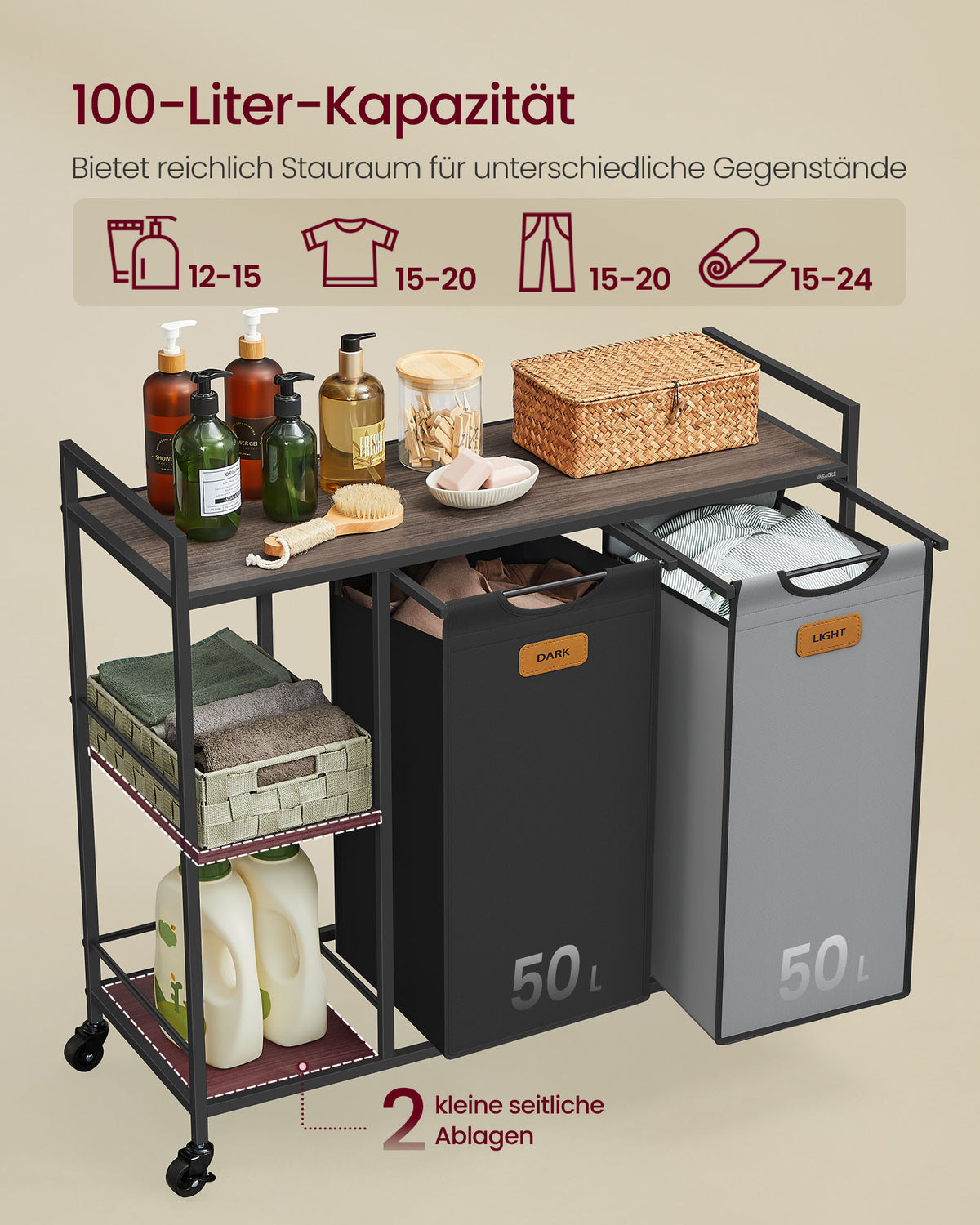 Wäschekorbwagen 2 x 50L - Wäschekorb mit Rädern