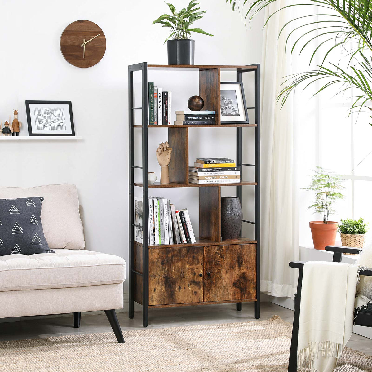 Bücherregal Industriedesign mit Zickzack-Design – 4 offene Böden + Schrank mit Türen – für Wohnzimmer & Büro