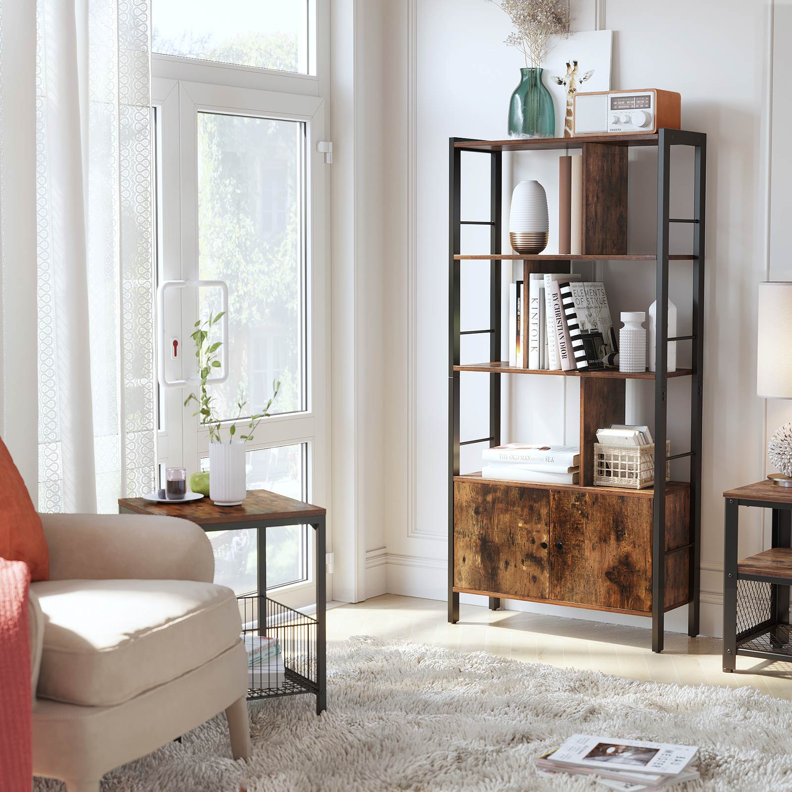 Bücherregal Industriedesign mit Zickzack-Design – 4 offene Böden + Schrank mit Türen – für Wohnzimmer & Büro