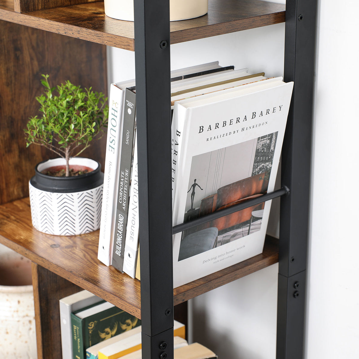 Bücherregal Industriedesign mit Zickzack-Design – 4 offene Böden + Schrank mit Türen – für Wohnzimmer & Büro