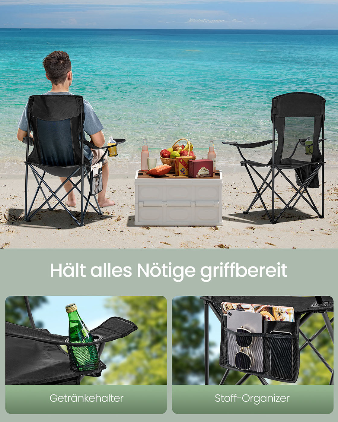 Campingstuhl 2er Set – Klappstühle mit Organizer und Getränkehalter – Tragbar & Bequem – 150 kg Tragkraft