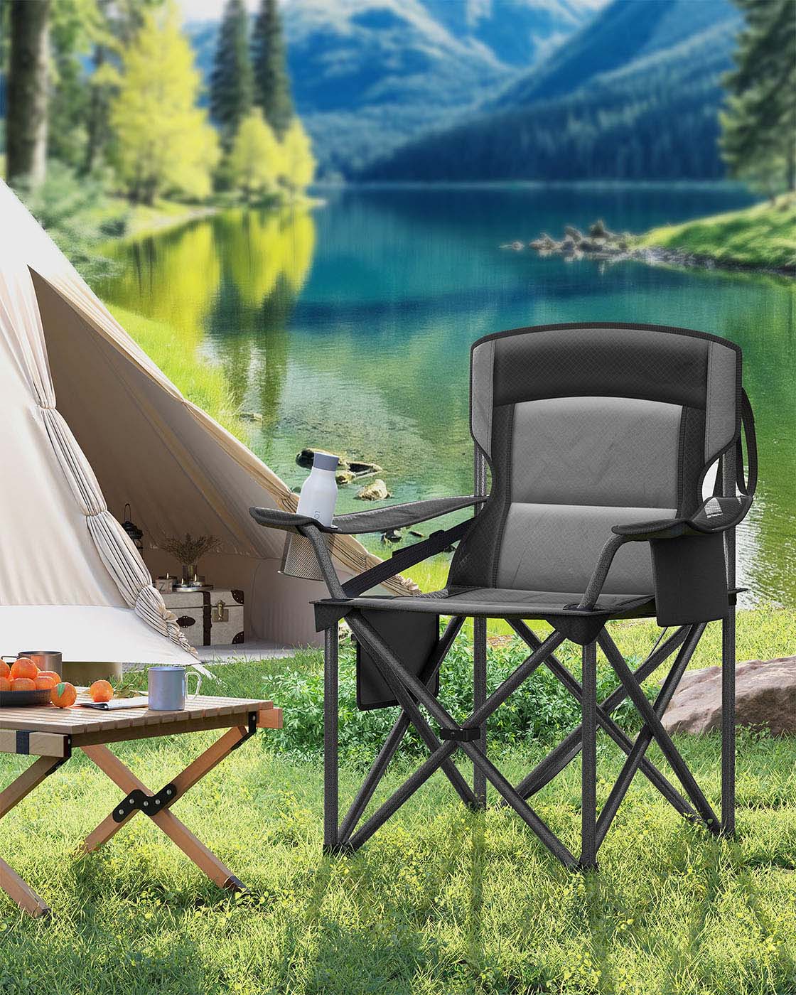 Campingstuhl mit Getränkehalter – 99,5 cm hoch – gepolsterte Sitzfläche – 205 kg Tragkraft – faltbar – 63 x 95 cm