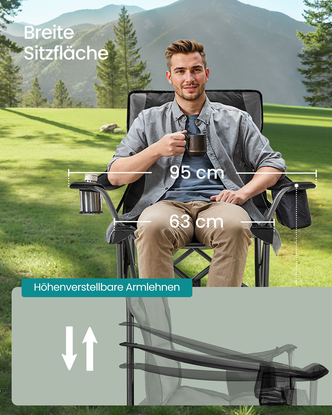 Campingstuhl mit Getränkehalter – 99,5 cm hoch – gepolsterte Sitzfläche – 205 kg Tragkraft – faltbar – 63 x 95 cm