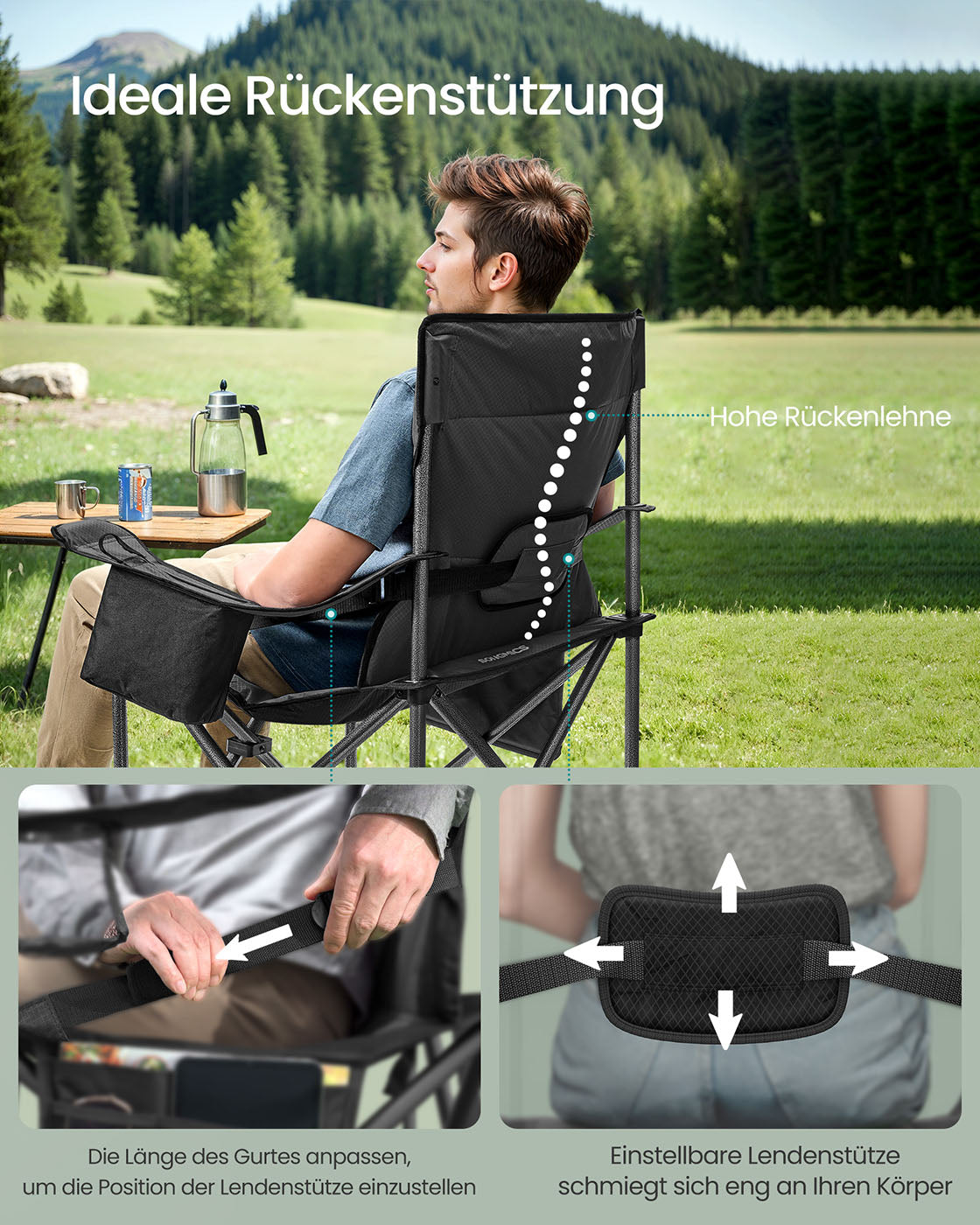 Campingstuhl mit Getränkehalter – 99,5 cm hoch – gepolsterte Sitzfläche – 205 kg Tragkraft – faltbar – 63 x 95 cm