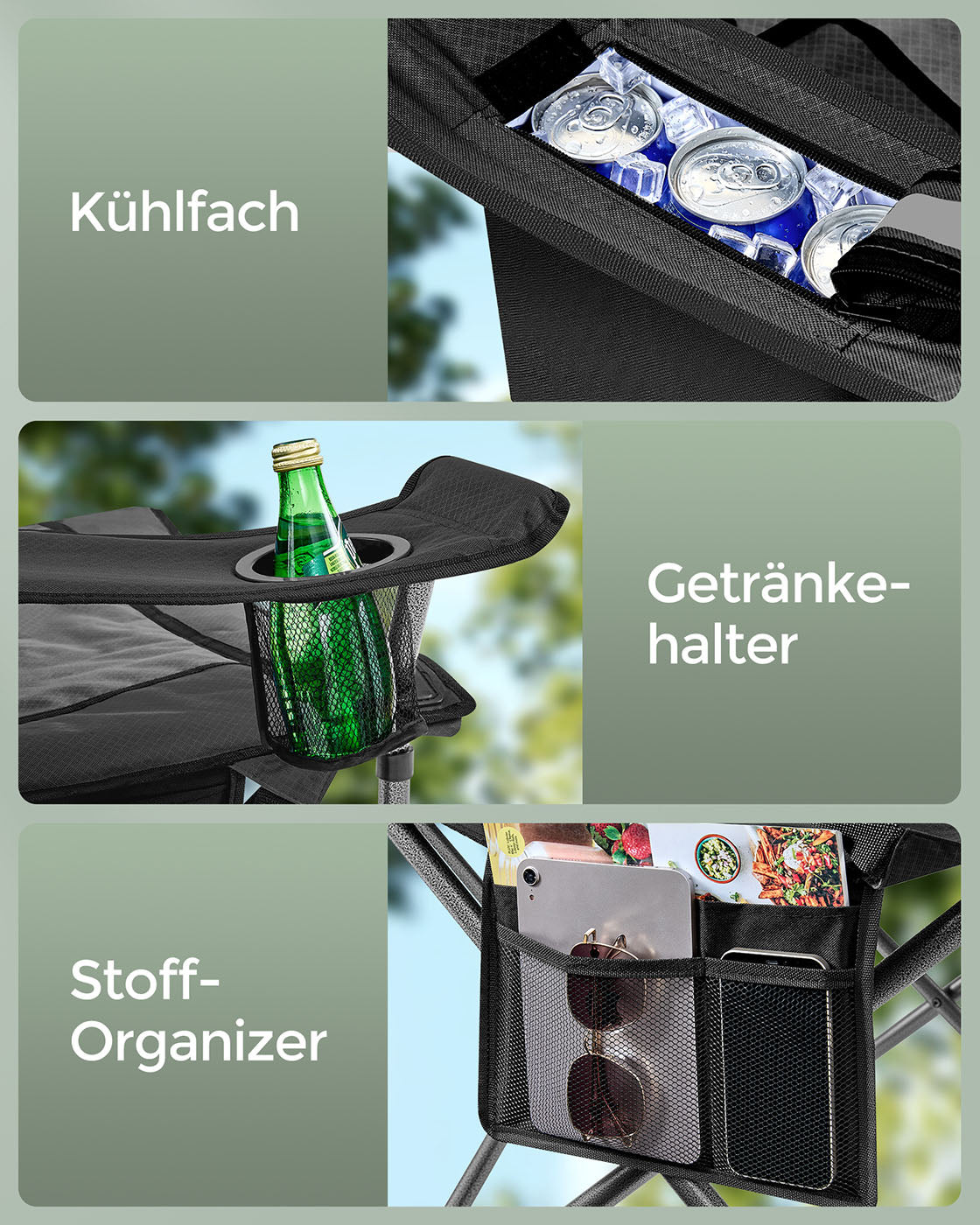 Campingstuhl mit Getränkehalter – 99,5 cm hoch – gepolsterte Sitzfläche – 205 kg Tragkraft – faltbar – 63 x 95 cm