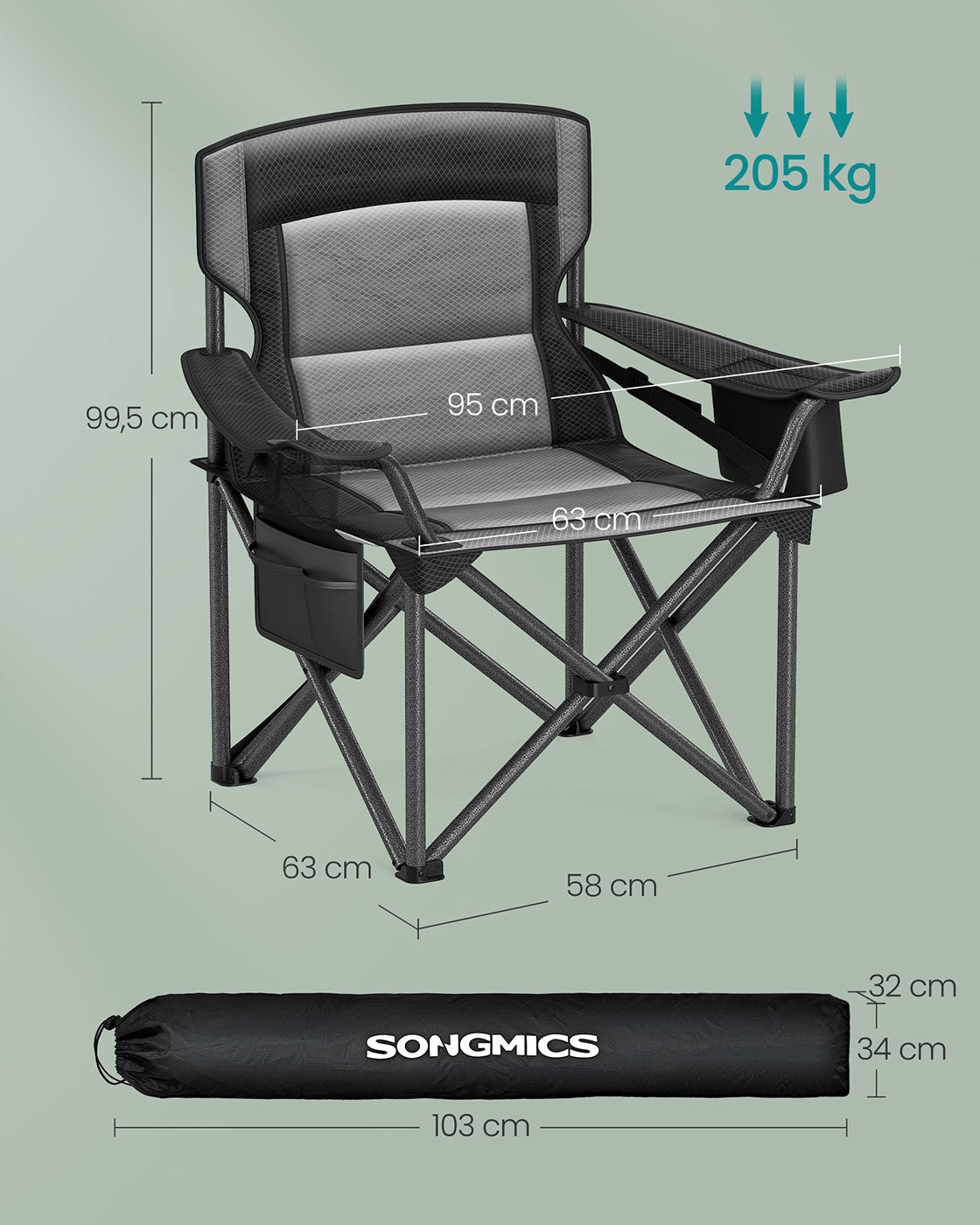 Campingstuhl mit Getränkehalter – 99,5 cm hoch – gepolsterte Sitzfläche – 205 kg Tragkraft – faltbar – 63 x 95 cm