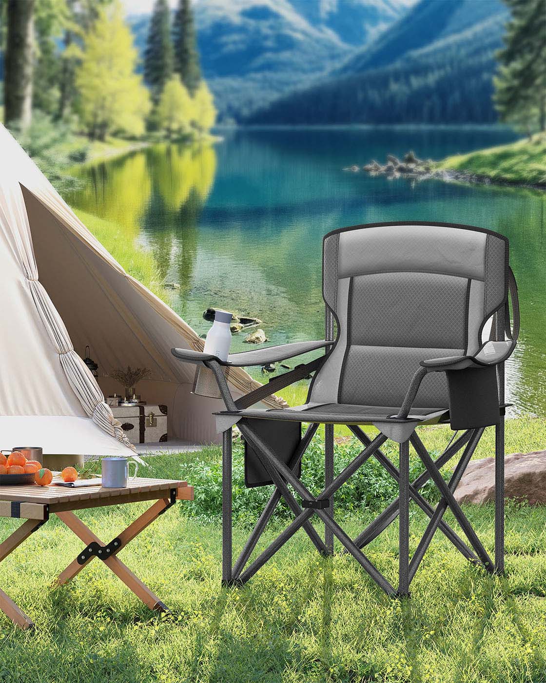 Campingstuhl mit Getränkehalter – 99,5 cm hoch – gepolsterte Sitzfläche – 205 kg Tragkraft – faltbar – 63 x 95 cm