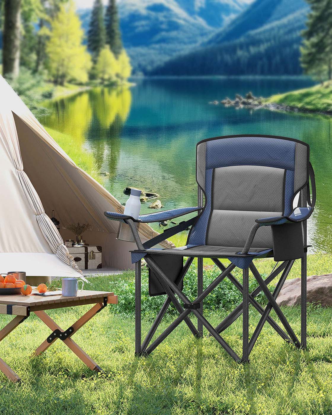 Campingstuhl mit Getränkehalter – 99,5 cm hoch – gepolsterte Sitzfläche – 205 kg Tragkraft – faltbar – 63 x 95 cm