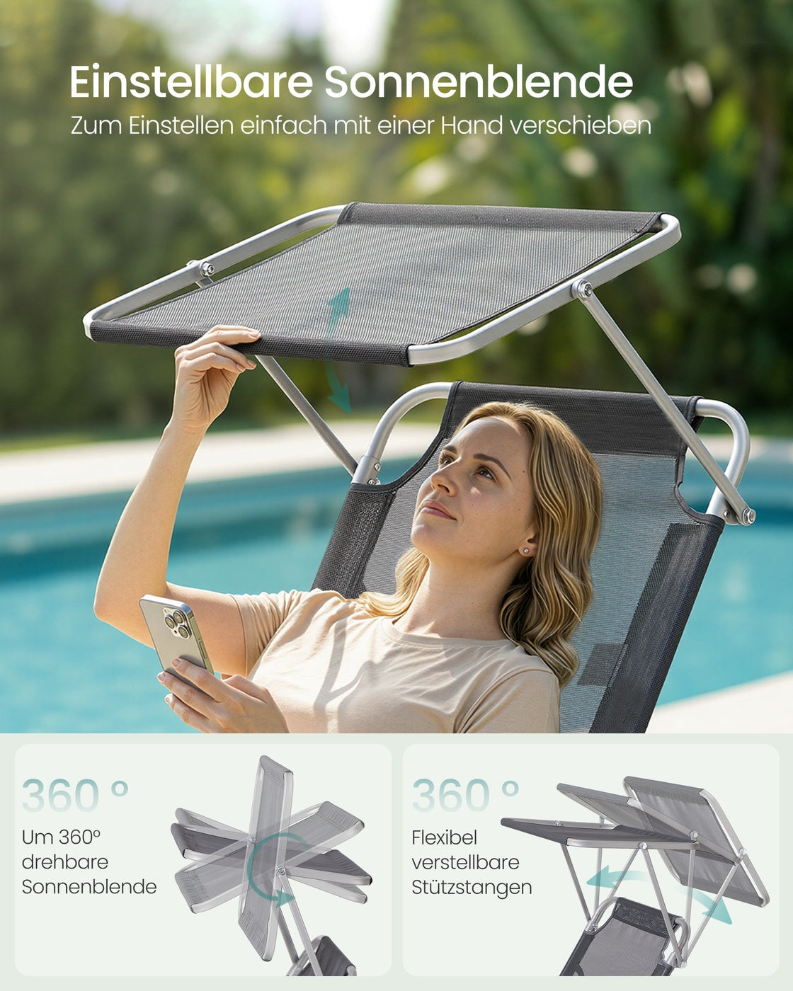 Klappbare Liege - Mit Verstellbarer Rückenlehne Und Sonnenblende - Für Garten Oder Strand
