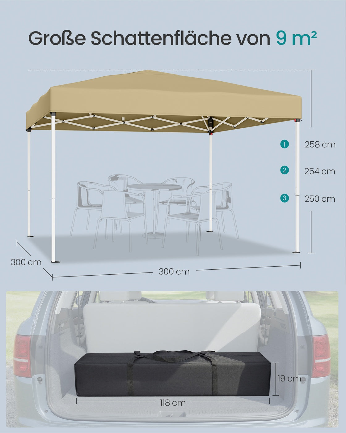 Partyzelt 3 x 3 m – Faltbares Partyzelt – Gartenpavillon – Sonnenschutz – Leicht regendicht – Tragbar