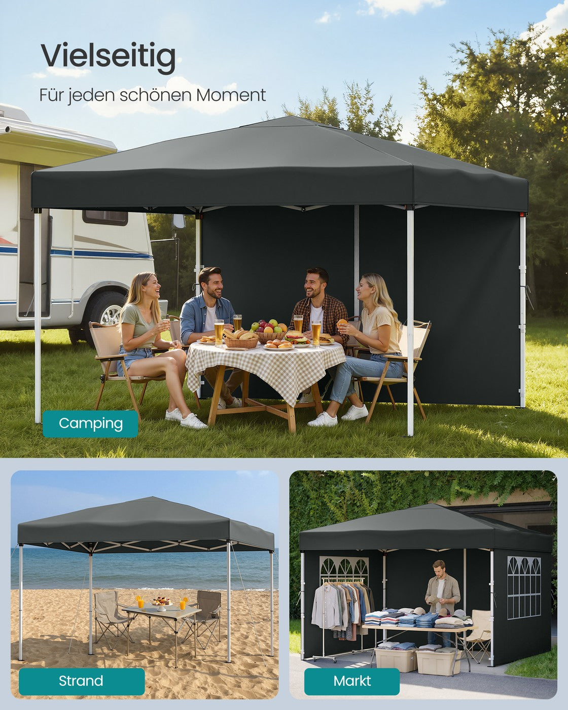 Faltbares Partyzelt – Gartenpavillon mit Seitenwänden – 3 x 3 m – UV- und wasserabweisend – mit Tragetasche