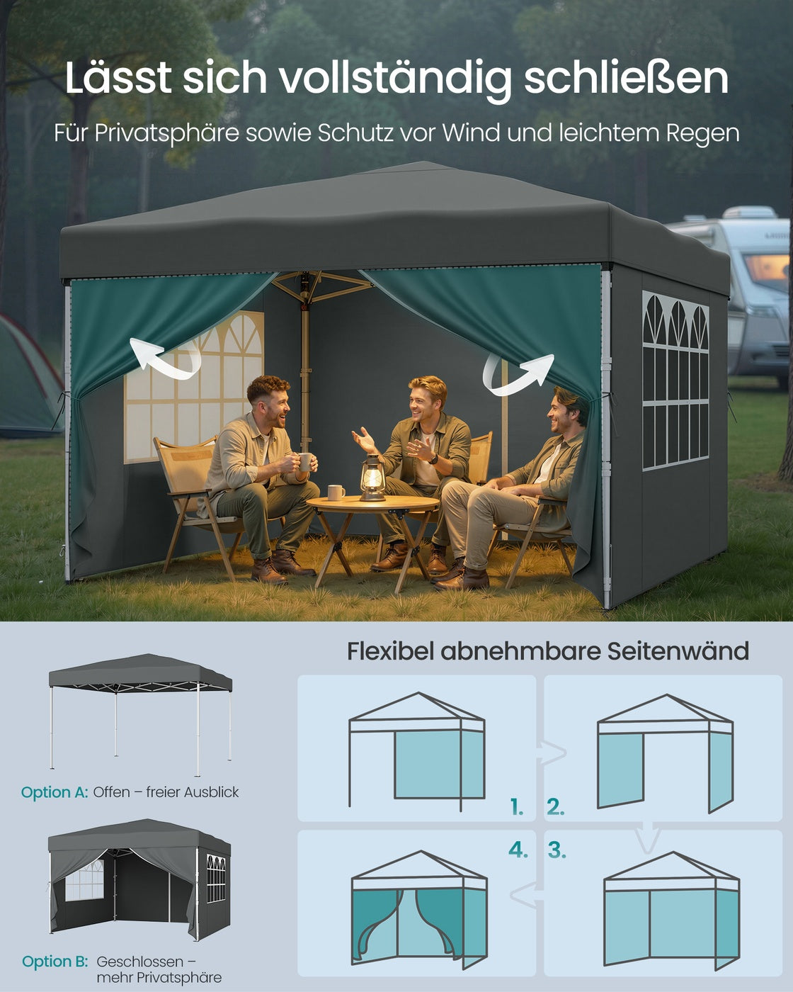 Faltbares Partyzelt – Gartenpavillon mit Seitenwänden – 3 x 3 m – UV- und wasserabweisend – mit Tragetasche
