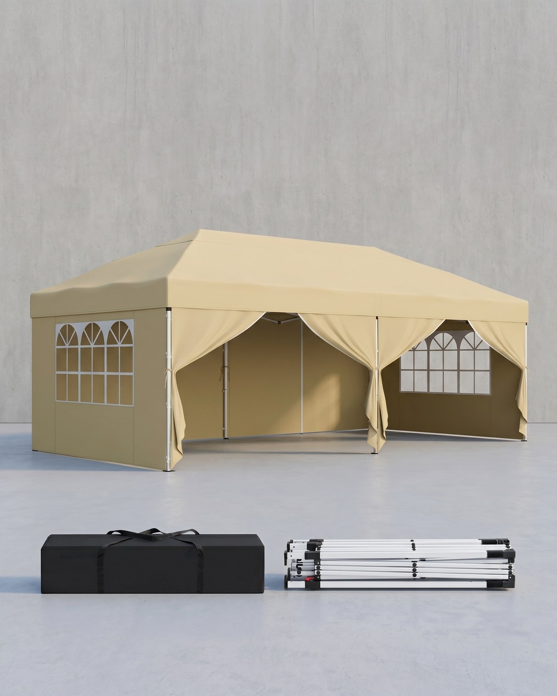 Partyzelt 3 x 6 m mit Seitenwänden – faltbarer Pavillon – Gartenpavillon – Sonnenschutz – leicht und regendicht – tragbar – Beige