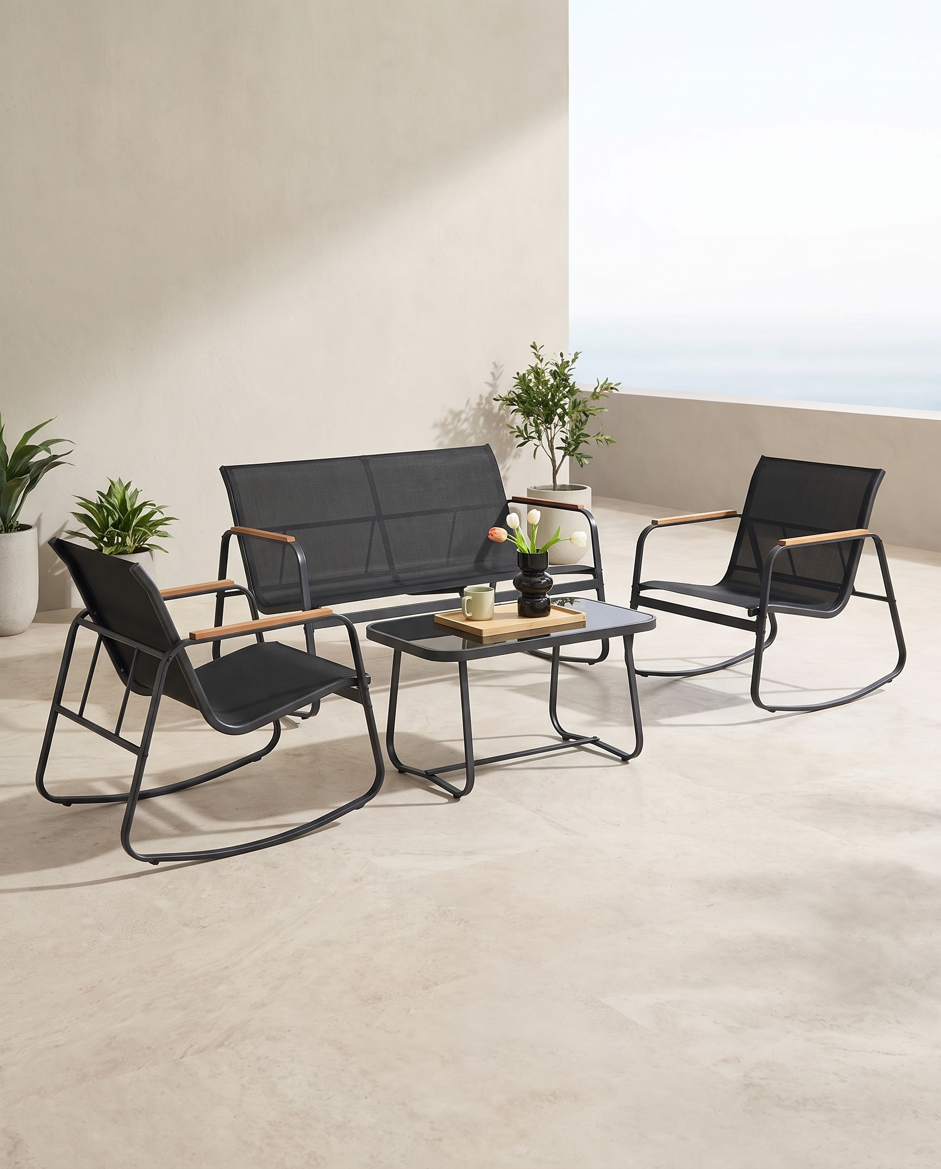 Gartenset 4-teilig - Balkonset - 2 Stühle und Bank mit Beistelltisch