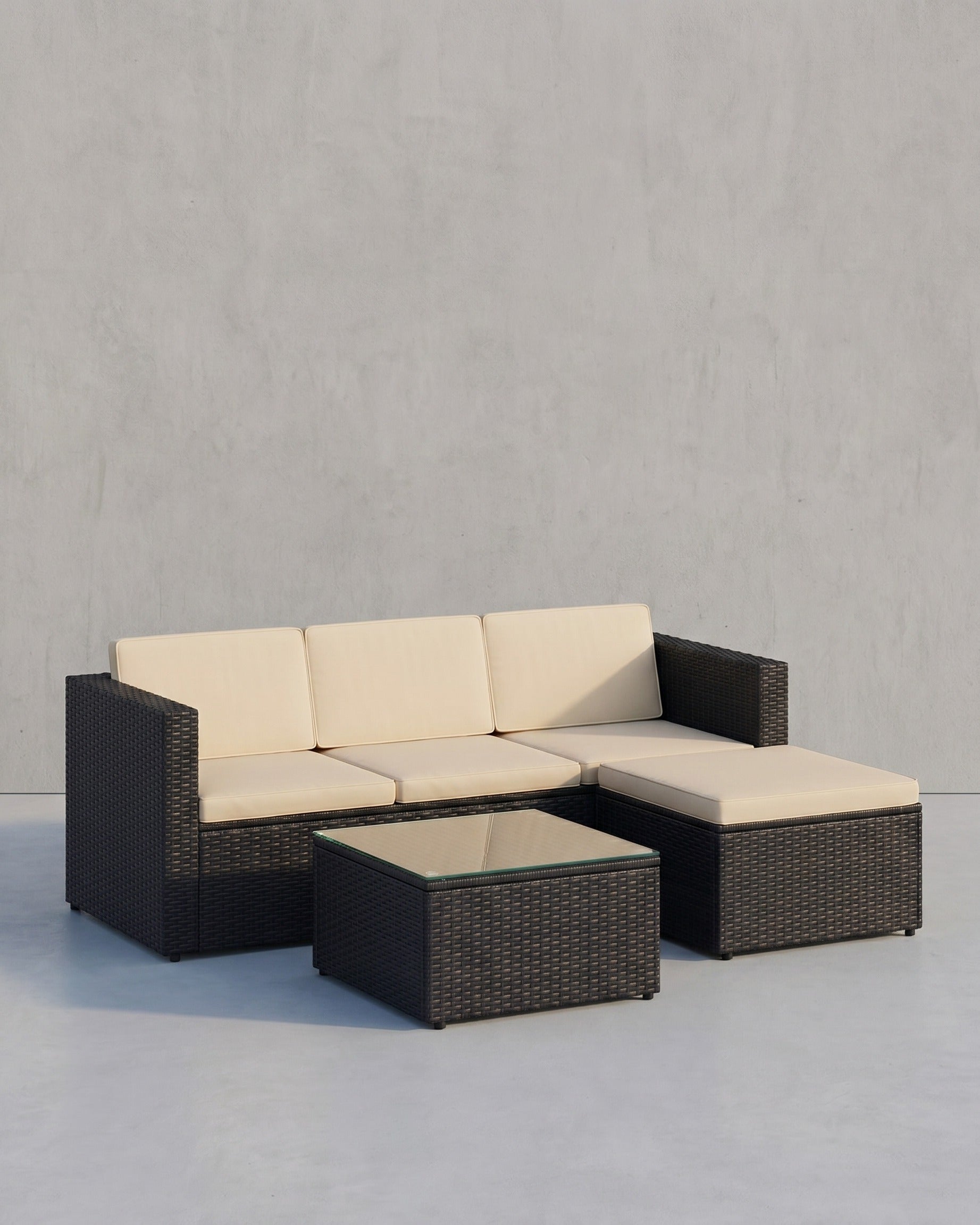 Lounge Set mit Tisch - Gartenbank - Gartenset - Polyrattan Gartenmöbel Set – Schwarz mit beigen Kissen