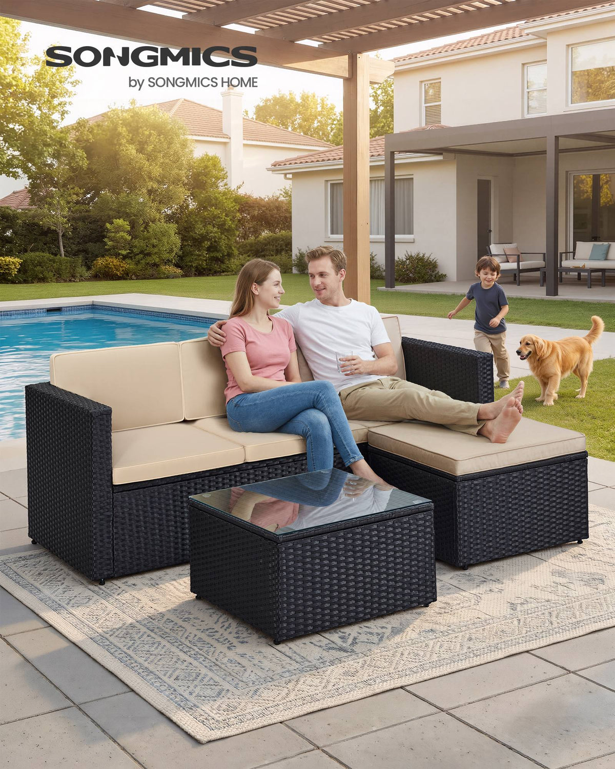 Lounge Set mit Tisch - Gartenbank - Gartenset - Polyrattan Gartenmöbel Set